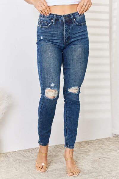 Judy Blue Full Size High Waist Distressed Slim Jeans - SwagglyLife Home & Fashion