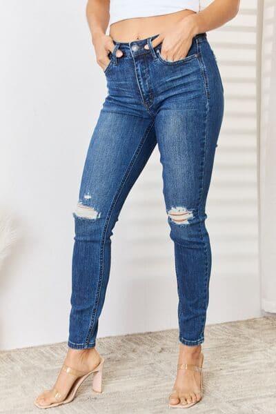 Judy Blue Full Size High Waist Distressed Slim Jeans - SwagglyLife Home & Fashion