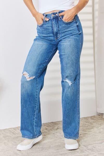 Judy Blue Full Size High Waist Distressed Straight-Leg Jeans - SwagglyLife Home & Fashion