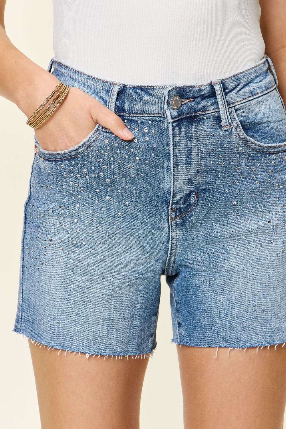 Judy Blue Full Size High Waist Rhinestone Decor Denim Shorts - SwagglyLife Home & Fashion