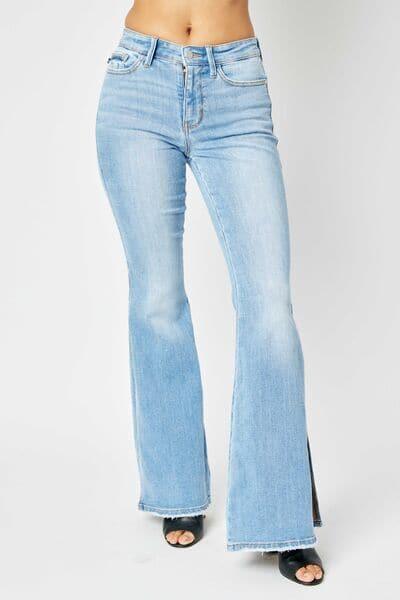 Judy Blue Full Size Mid Rise Raw Hem Slit Flare Jeans - SwagglyLife Home & Fashion
