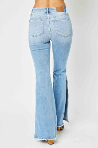 Judy Blue Full Size Mid Rise Raw Hem Slit Flare Jeans - SwagglyLife Home & Fashion