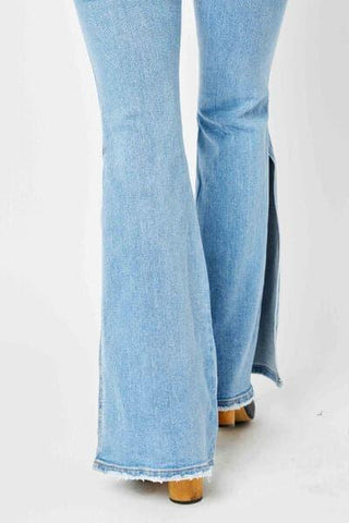 Judy Blue Full Size Mid Rise Raw Hem Slit Flare Jeans - SwagglyLife Home & Fashion