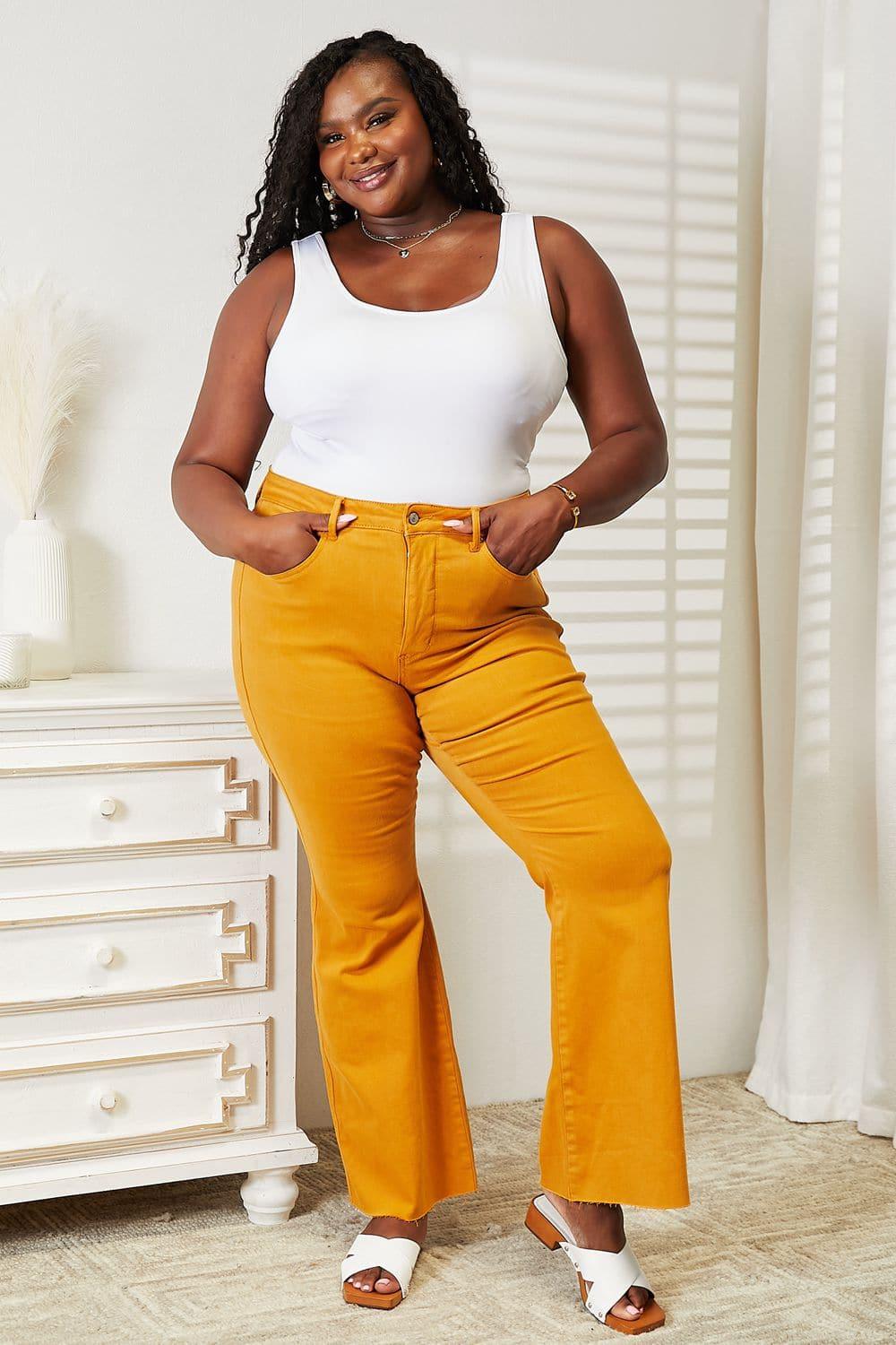 Judy Blue High Waist Tummy Control Garment Dyed Flare Jeans, Mustard - SwagglyLife Home & Fashion