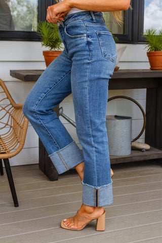 JUDY BLUE Jones High Rise Cuffed Straight Jeans - SwagglyLife Home & Fashion