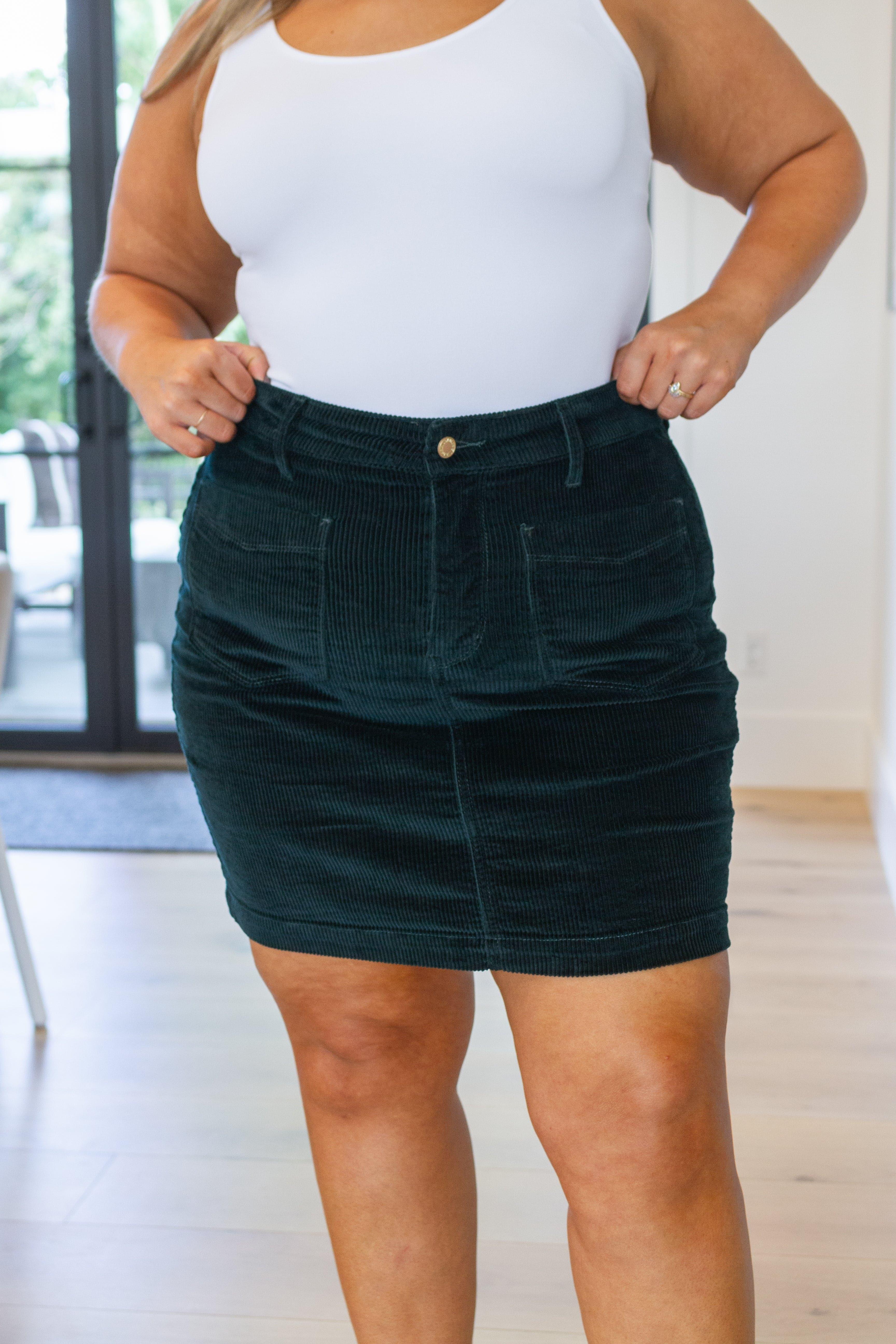 JUDY BLUE Melinda Corduroy Patch Pocket Skirt in Emerald - SwagglyLife Home & Fashion