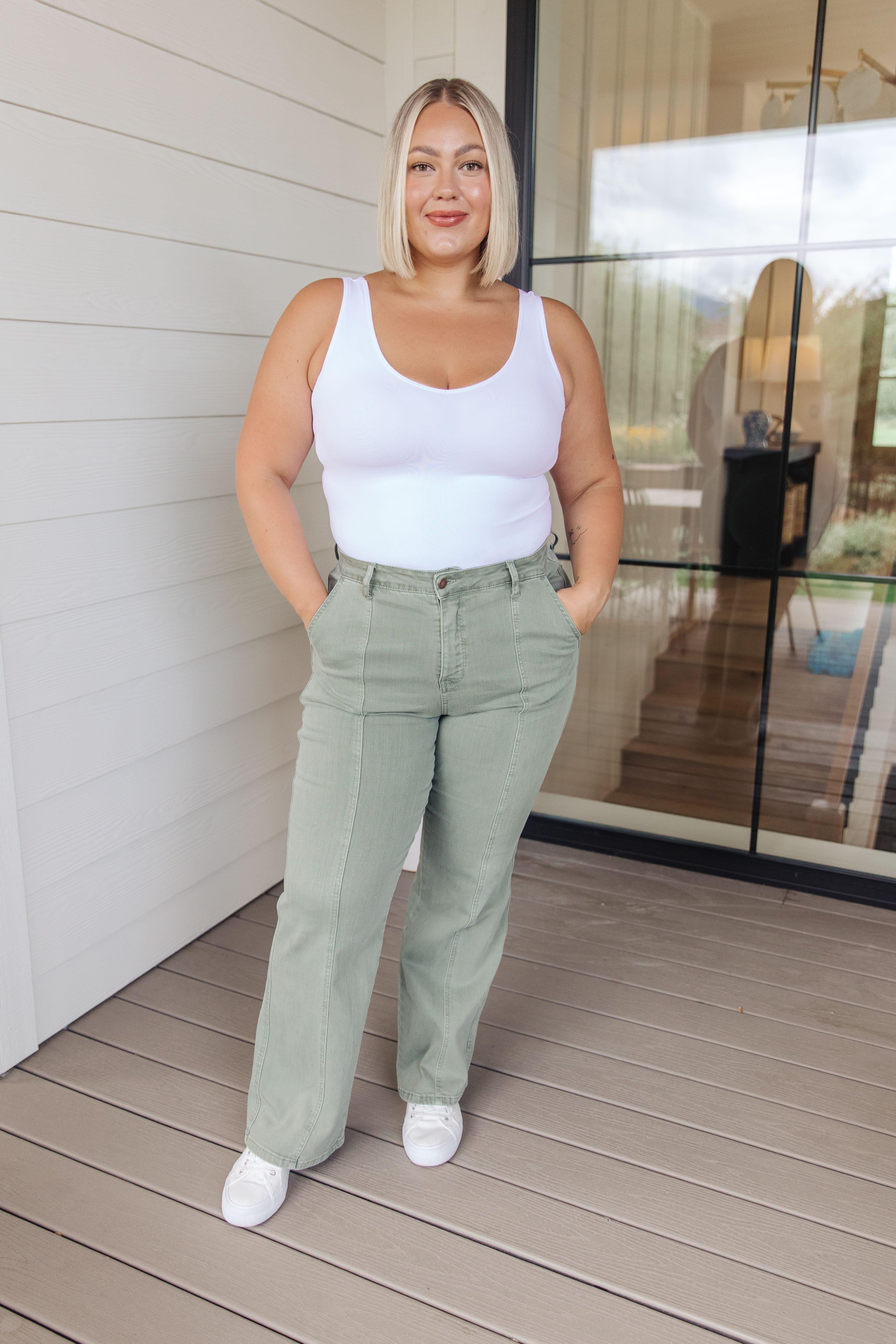 JUDY BLUE Phoebe High Rise Front Seam Straight Jeans in Sage - SwagglyLife Home & Fashion