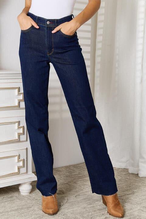 Judy Blue Raw Hem Straight Leg Jeans with Pockets - SwagglyLife Home & Fashion