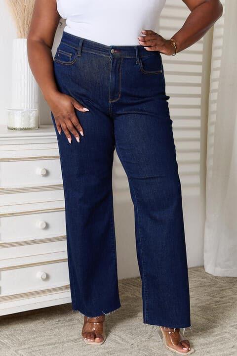 Judy Blue Raw Hem Straight Leg Jeans with Pockets - SwagglyLife Home & Fashion