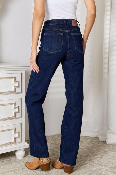 Judy Blue Raw Hem Straight Leg Jeans with Pockets - SwagglyLife Home & Fashion