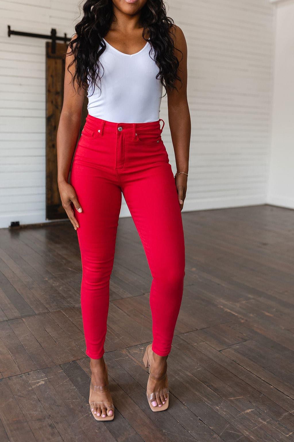 Ruby High Rise Control Top Garment Dyed Skinny Jeans in Red - SwagglyLife Home & Fashion