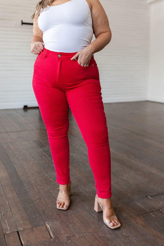 Ruby High Rise Control Top Garment Dyed Skinny Jeans in Red - SwagglyLife Home & Fashion