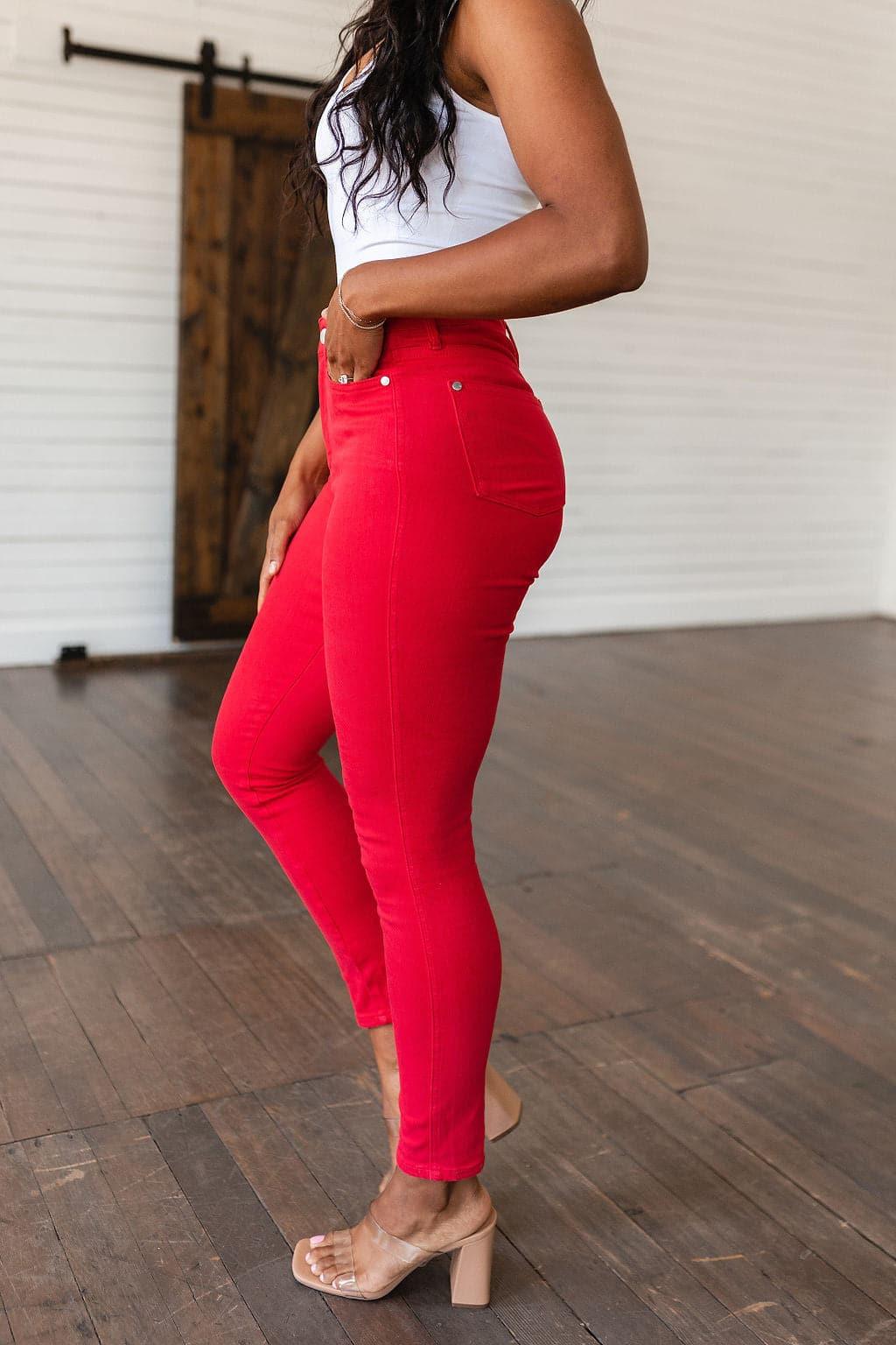 Ruby High Rise Control Top Garment Dyed Skinny Jeans in Red - SwagglyLife Home & Fashion