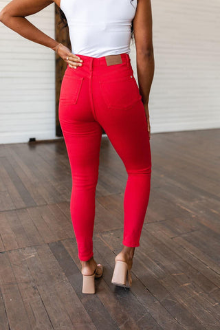 Ruby High Rise Control Top Garment Dyed Skinny Jeans in Red - SwagglyLife Home & Fashion