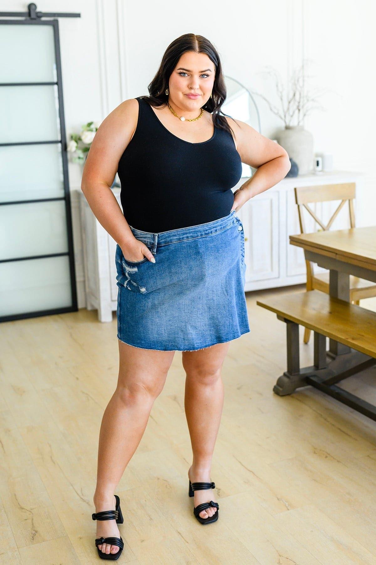 Sally Mid Rise Overlapping Distressed Denim Skort - SwagglyLife Home & Fashion