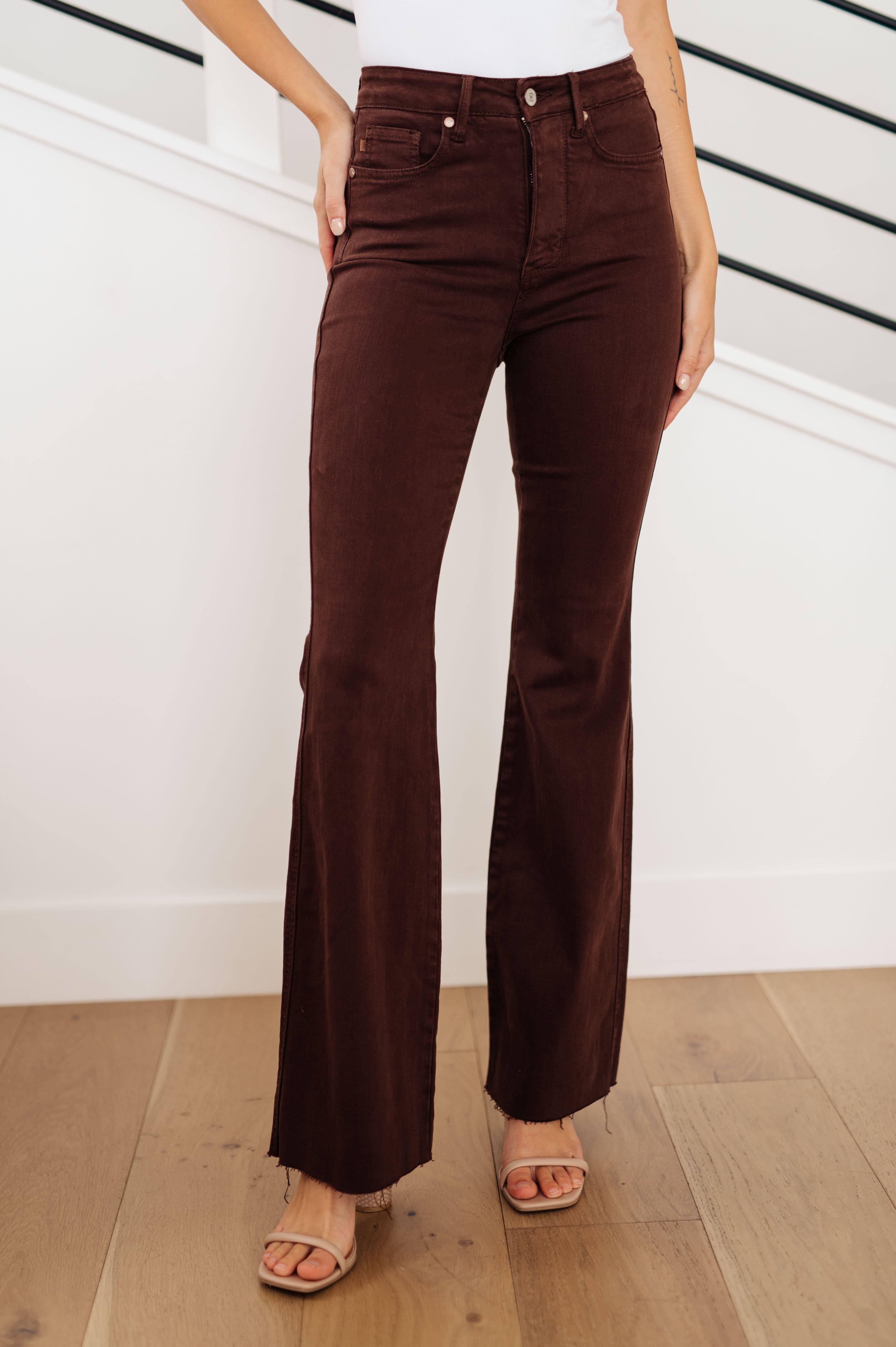Sienna High Rise Control Top Flare Jeans in Espresso - SwagglyLife Home & Fashion
