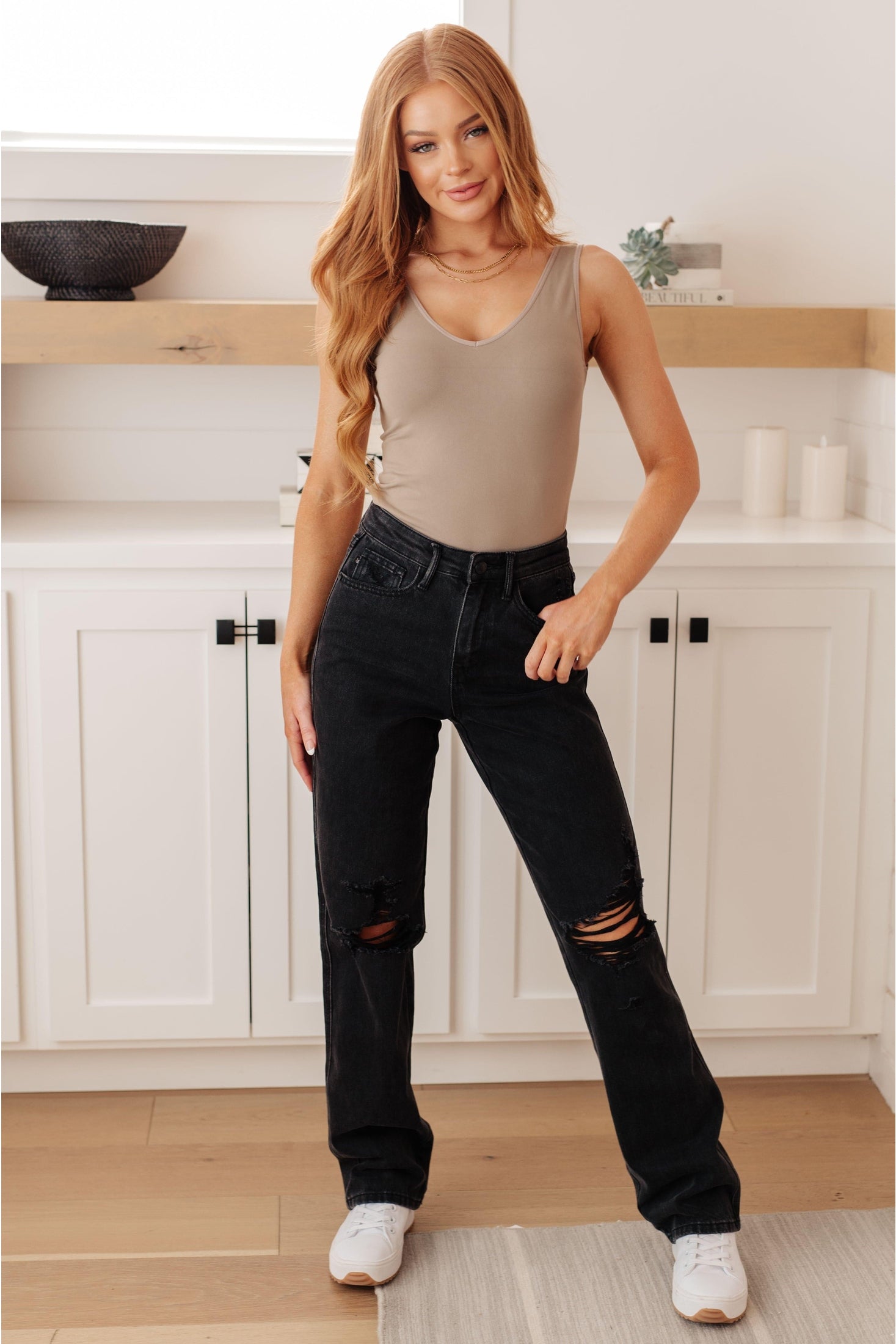 Susannah High Rise Rigid Magic 90's Distressed Straight Jeans in Black - SwagglyLife Home & Fashion