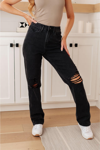 Susannah High Rise Rigid Magic 90's Distressed Straight Jeans in Black - SwagglyLife Home & Fashion