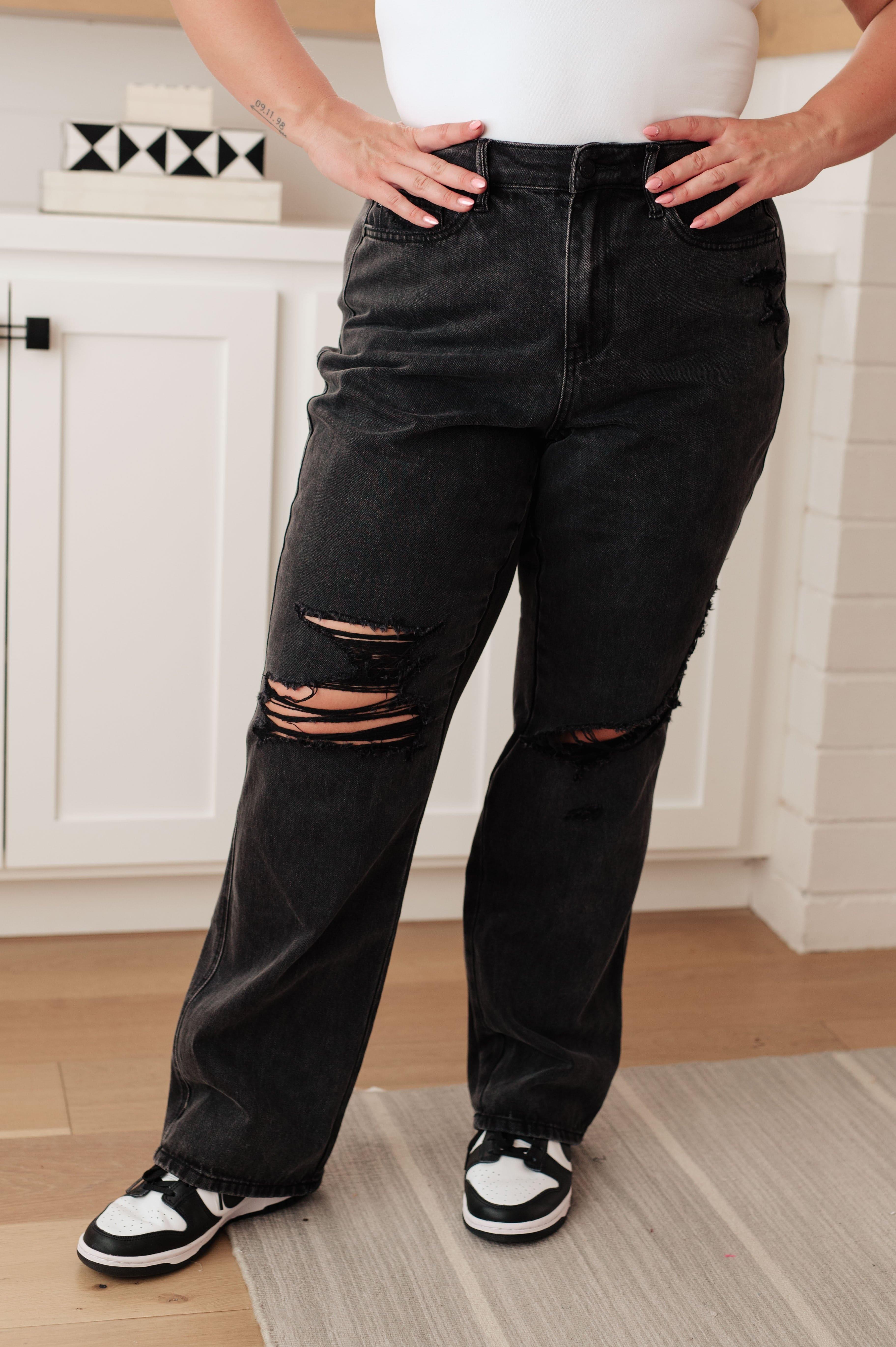 Susannah High Rise Rigid Magic 90's Distressed Straight Jeans in Black - SwagglyLife Home & Fashion