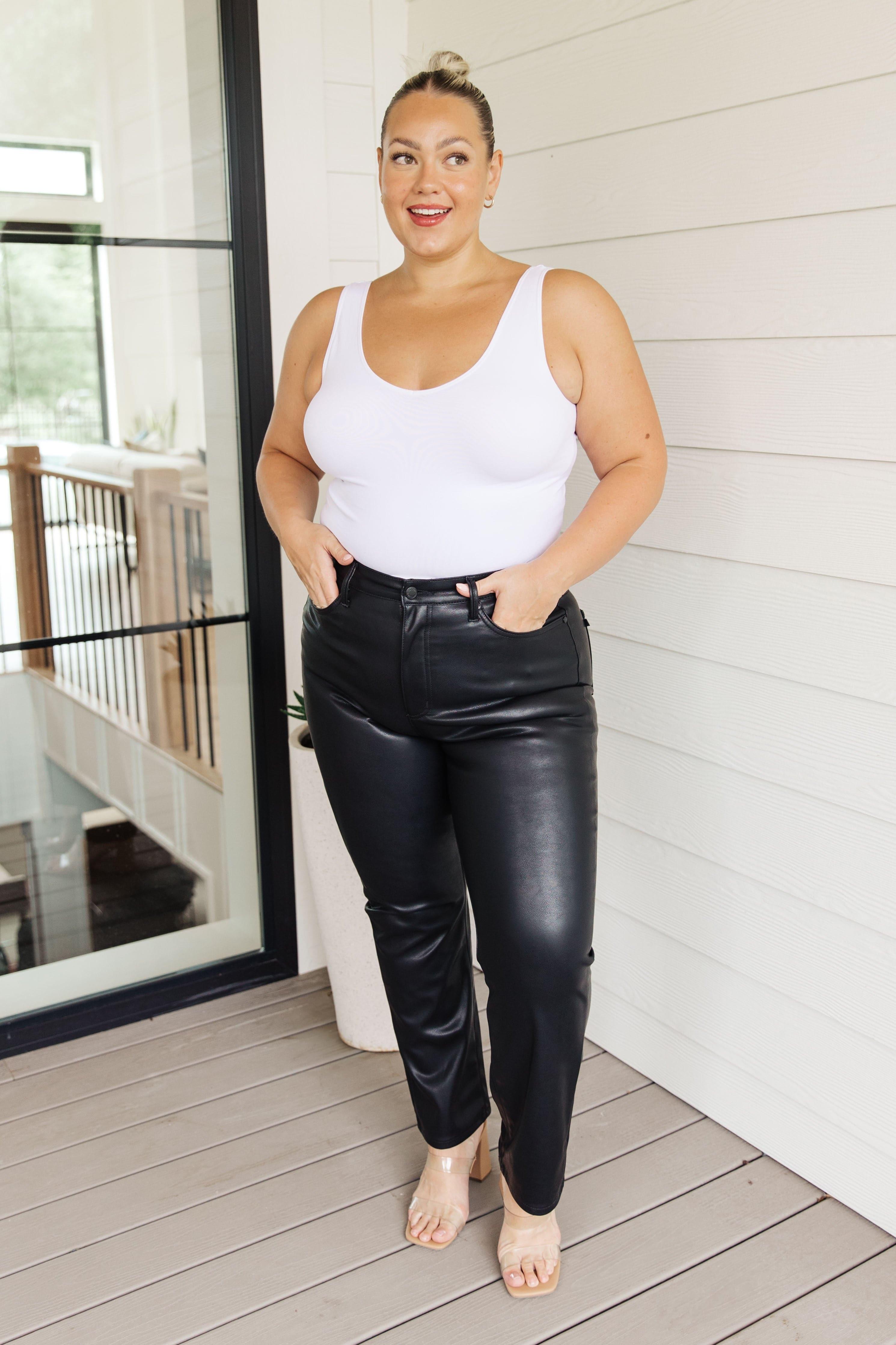 JUDY BLUE Tanya Control Top Faux Leather Pants in Black - SwagglyLife Home & Fashion