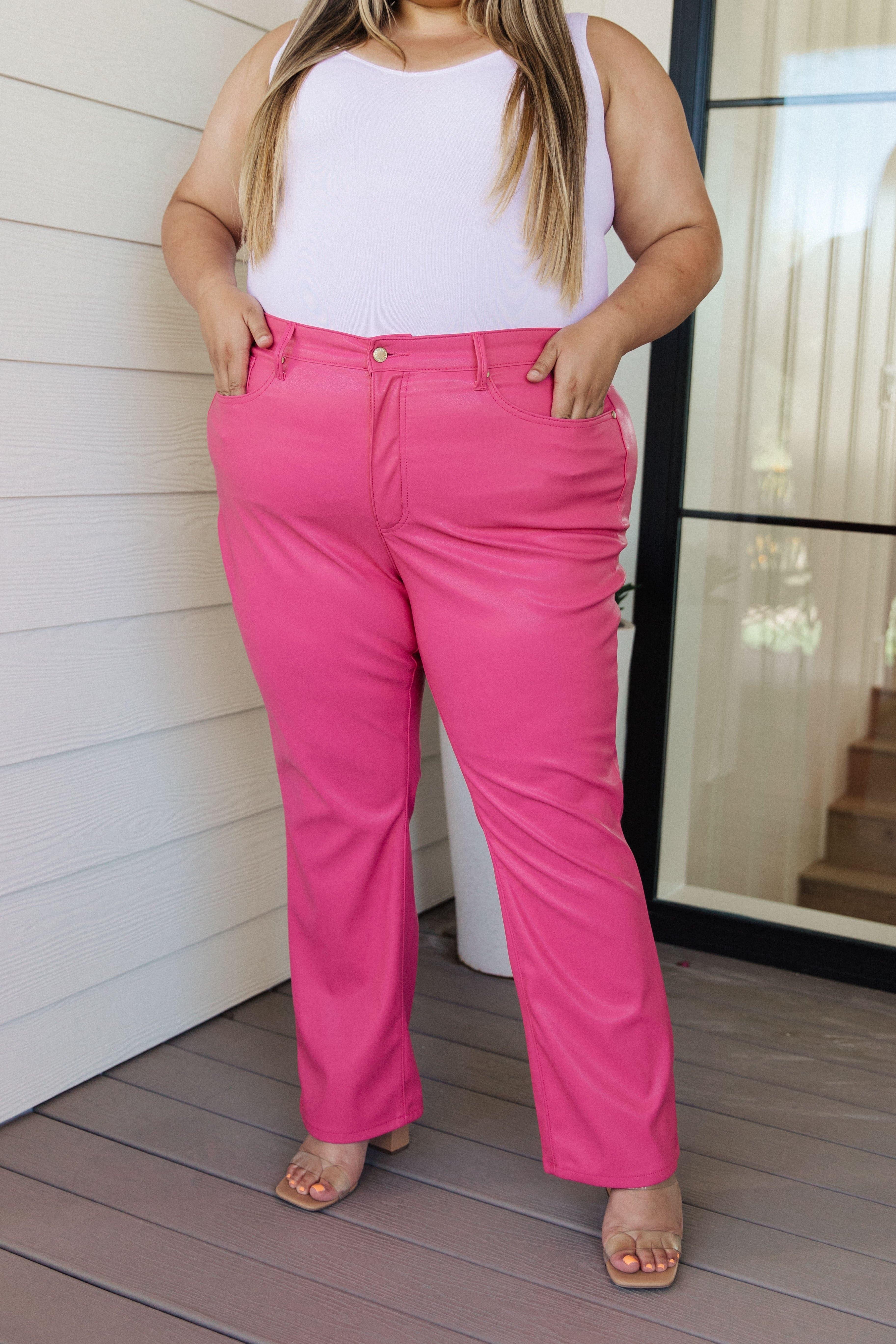 JUDY BLUE Tanya Control Top Faux Leather Pants in Hot Pink - SwagglyLife Home & Fashion