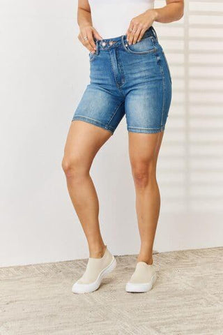 Judy Blue Tummy Control Double Button Bermuda Denim Shorts - SwagglyLife Home & Fashion