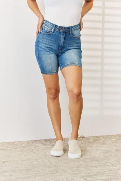 Judy Blue Tummy Control Double Button Bermuda Denim Shorts - SwagglyLife Home & Fashion