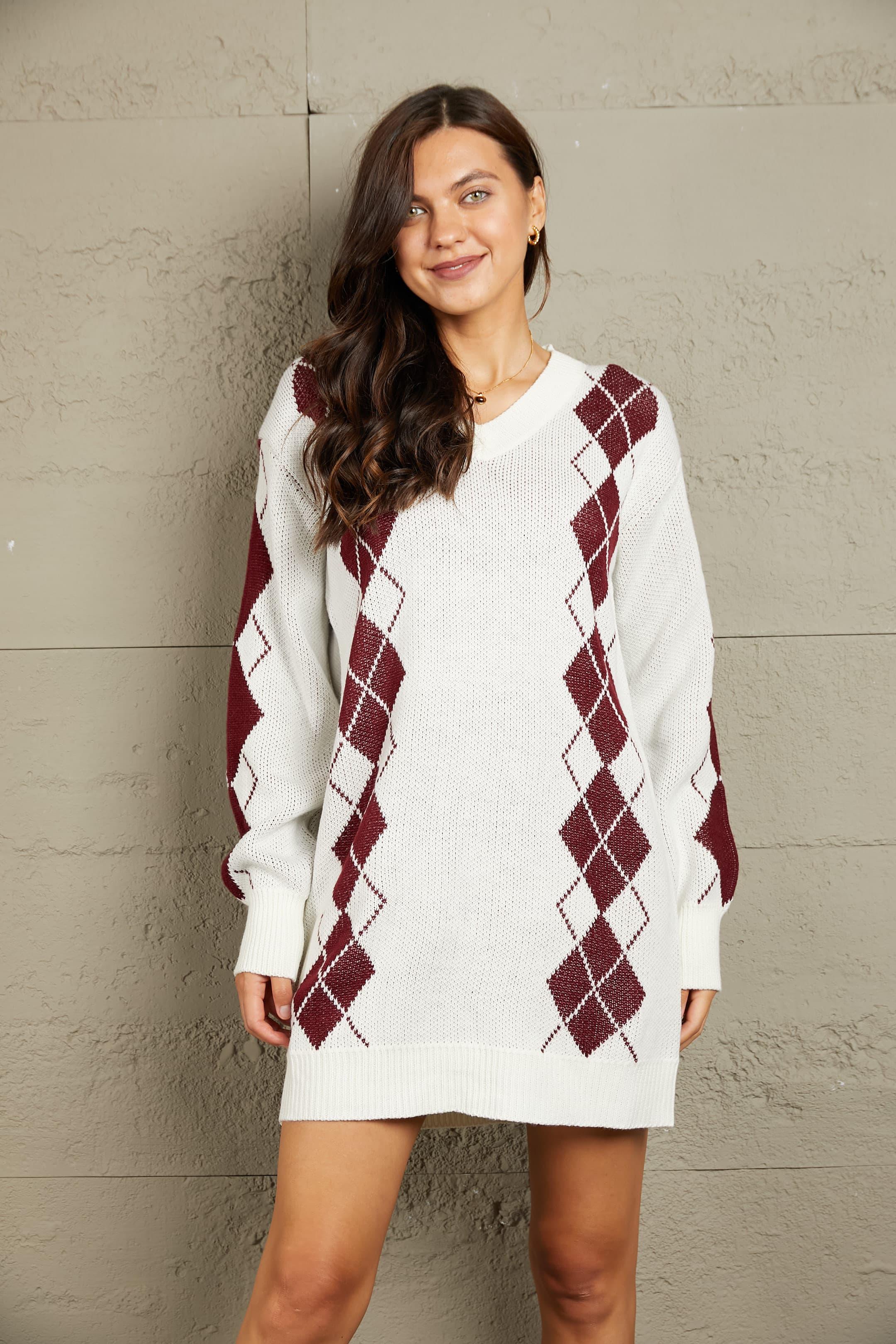 Julia Woven Right Argyle V-Neck Ribbed Trim Sweater Dress - SwagglyLife Home & Fashion