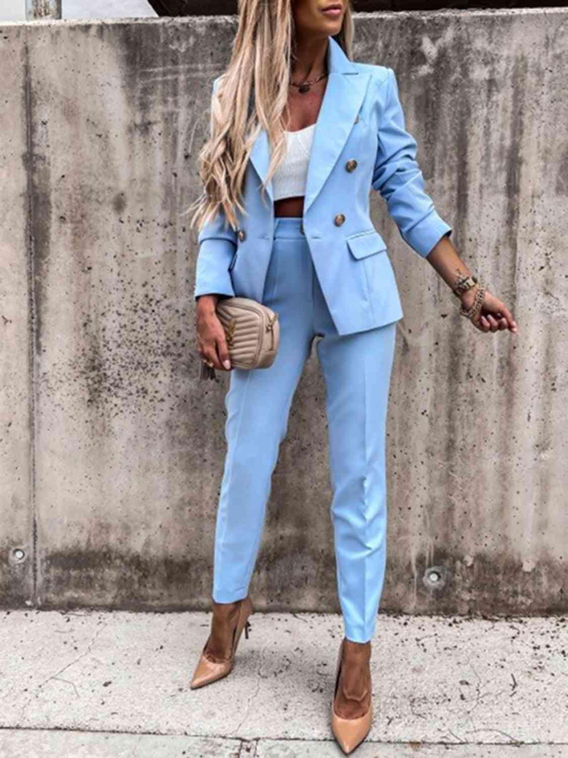 Juliette Lapel Collar Long Sleeve Blazer and Pants Set - SwagglyLife Home & Fashion
