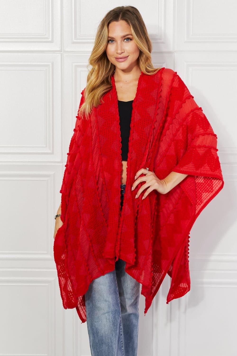 Justin Taylor Pom-Pom Asymmetrical Poncho Cardigan in Red - SwagglyLife Home & Fashion