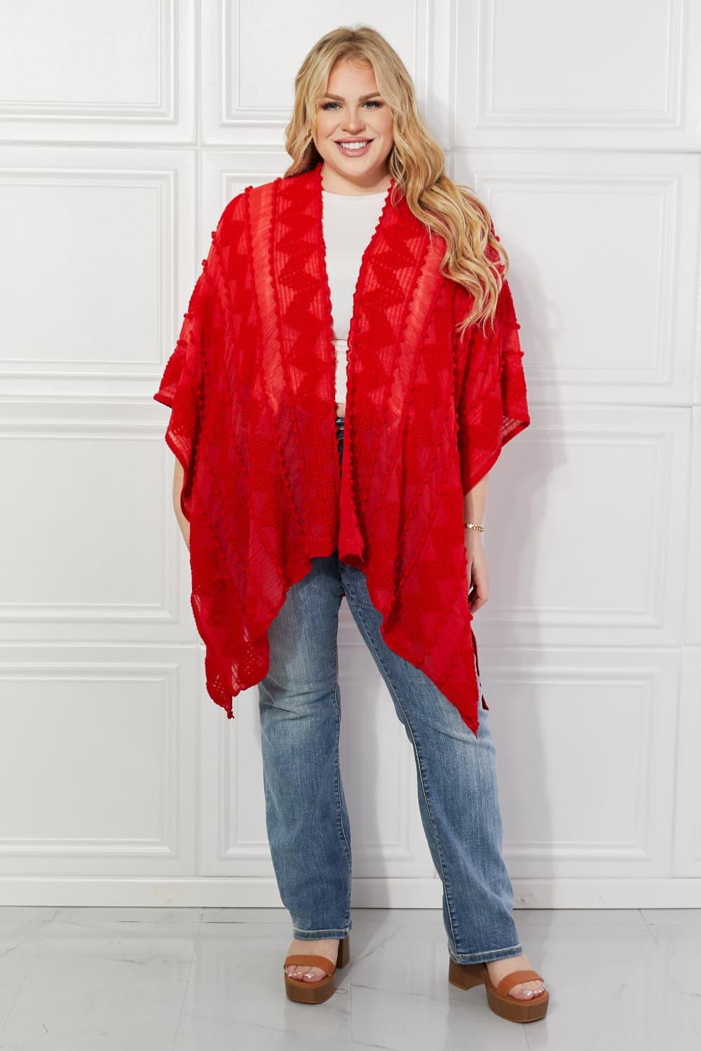 Justin Taylor Pom-Pom Asymmetrical Poncho Cardigan in Red - SwagglyLife Home & Fashion