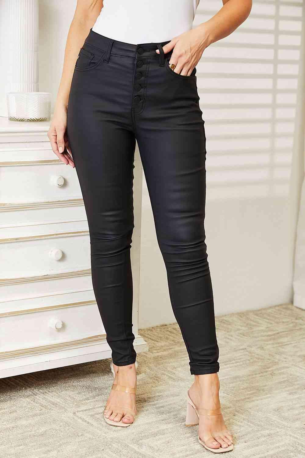 Kancan High Rise Black Coated Ankle Skinny Jeans - SwagglyLife Home & Fashion