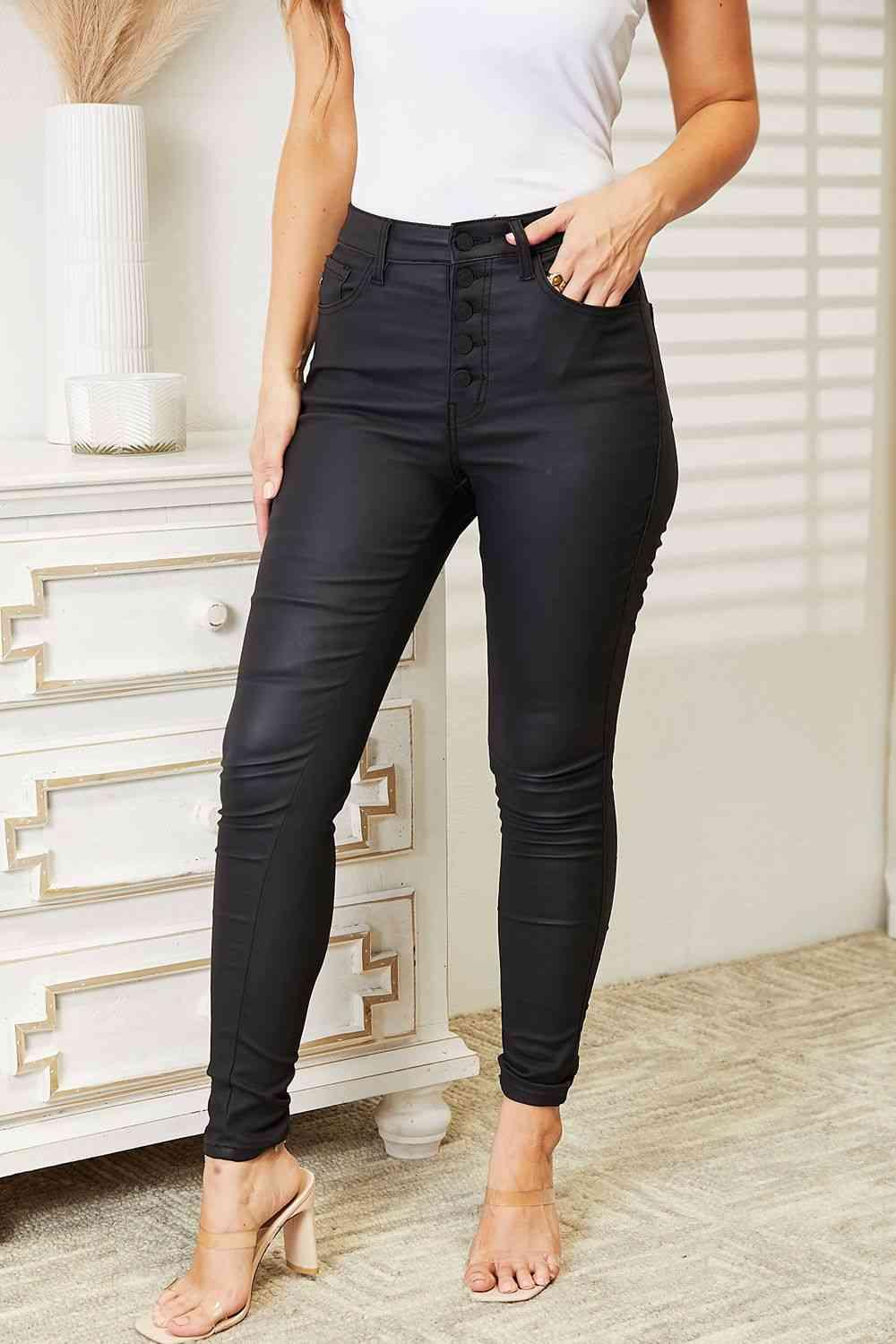 Kancan High Rise Black Coated Ankle Skinny Jeans - SwagglyLife Home & Fashion