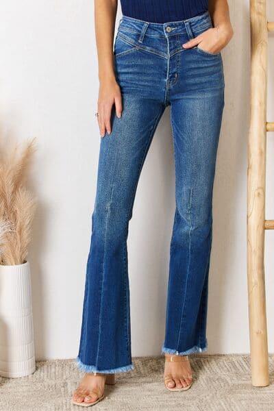 Kancan High Rise Raw Hem Flare Jeans - SwagglyLife Home & Fashion