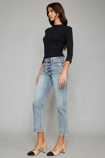 Kancan High Waist Button Fly Raw Hem Cropped Straight Jeans - SwagglyLife Home & Fashion