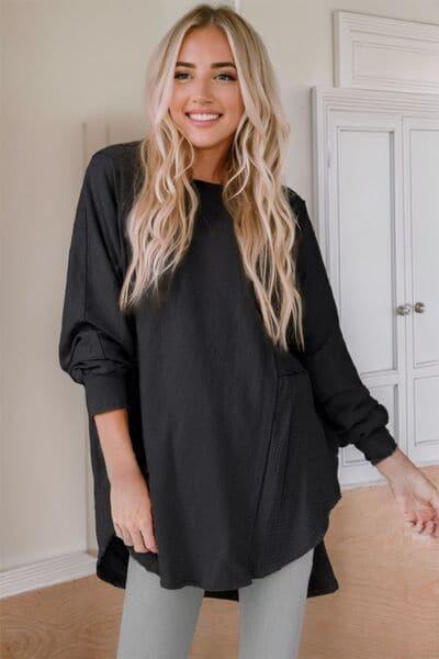 Karla Contrast Texture Round Neck Long Sleeve Blouse - SwagglyLife Home & Fashion