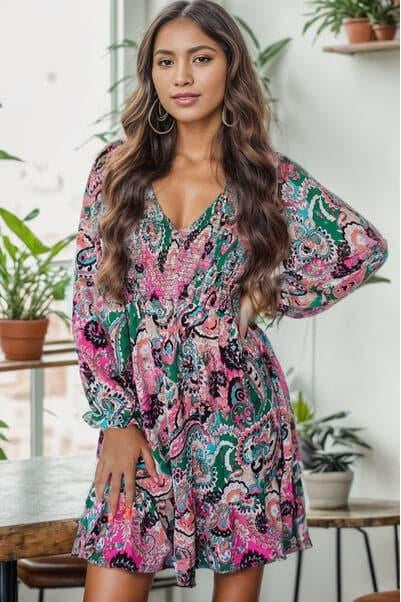 Karla Printed V-Neck Long Sleeve Mini Dress - SwagglyLife Home & Fashion