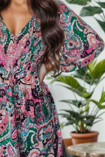 Karla Printed V-Neck Long Sleeve Mini Dress - SwagglyLife Home & Fashion