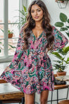 Karla Printed V-Neck Long Sleeve Mini Dress - SwagglyLife Home & Fashion