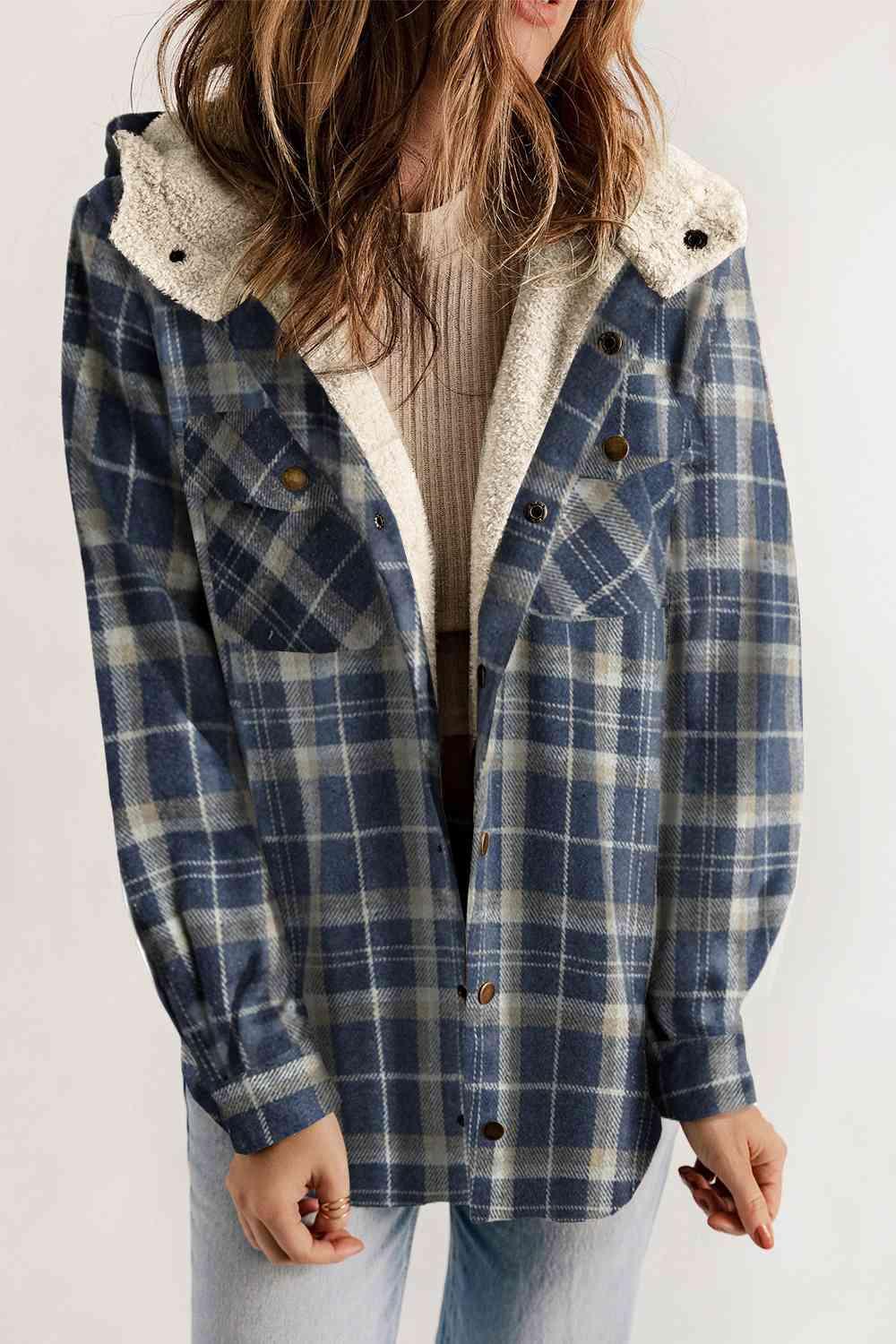 Kayla Plaid Snap Down Hooded Jacket - SwagglyLife Home & Fashion