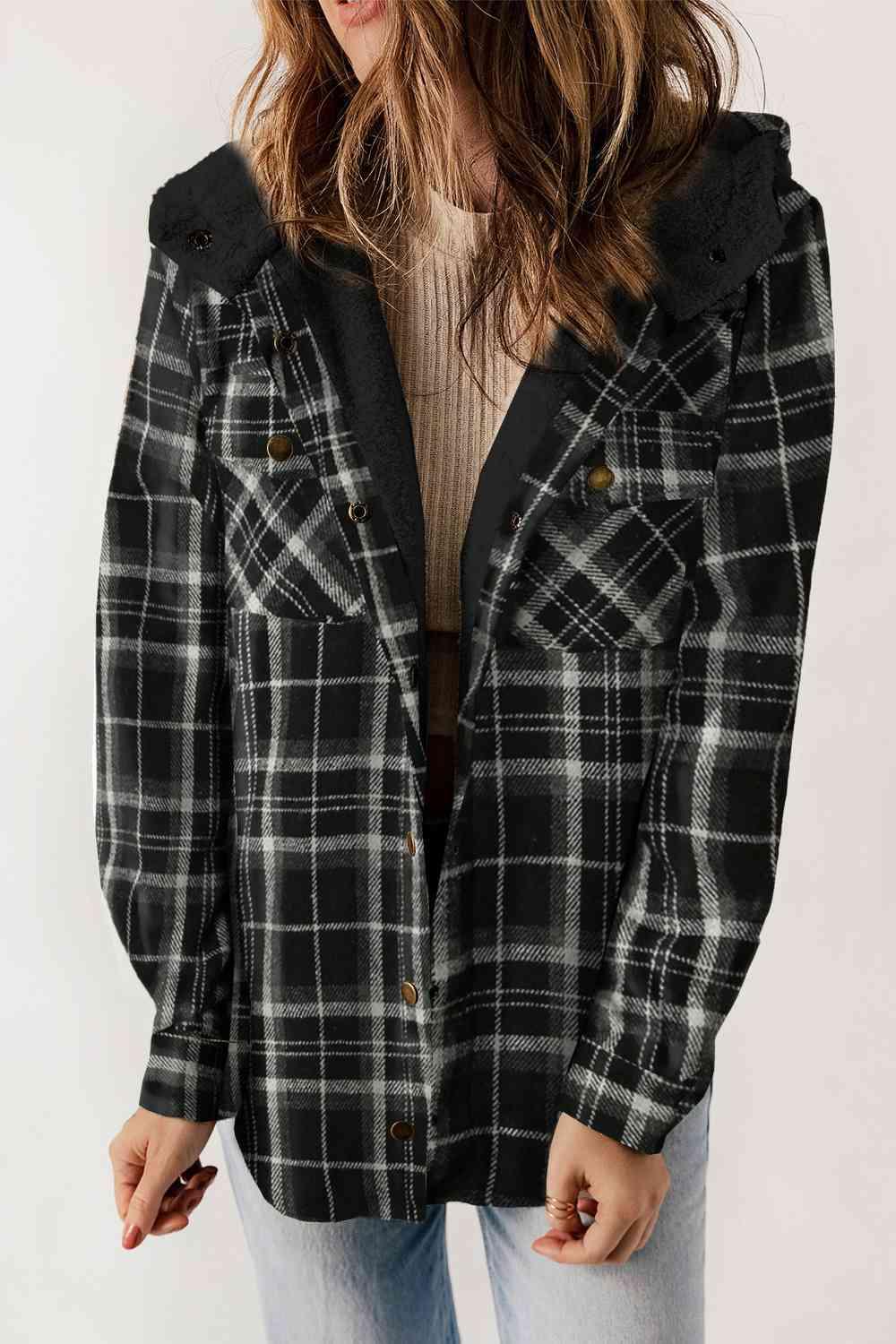 Kayla Plaid Snap Down Hooded Jacket - SwagglyLife Home & Fashion
