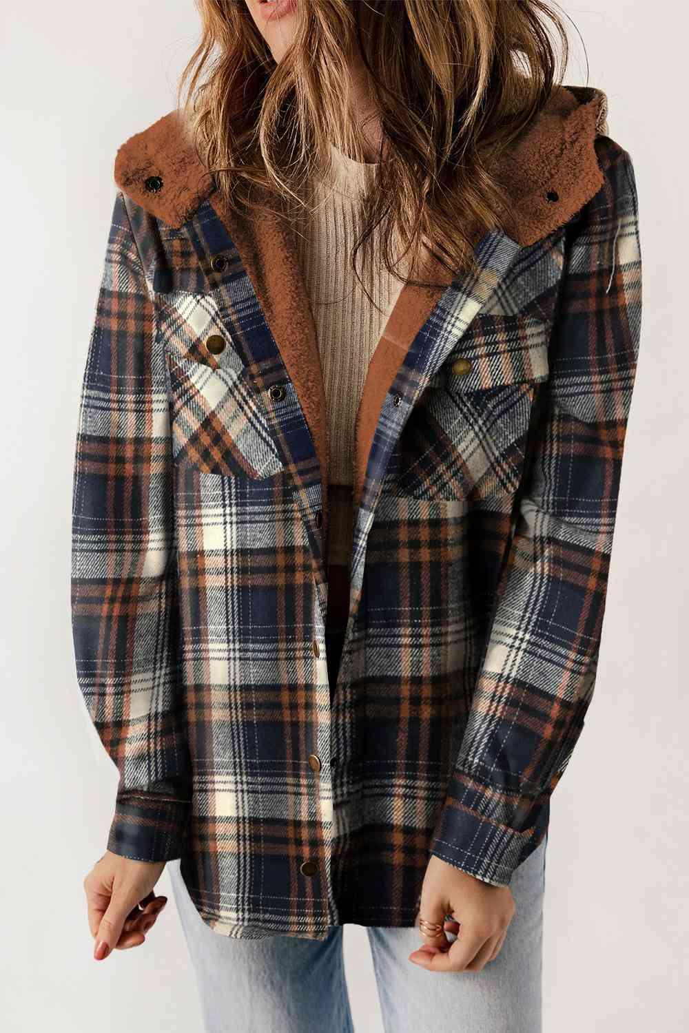 Kayla Plaid Snap Down Hooded Jacket - SwagglyLife Home & Fashion