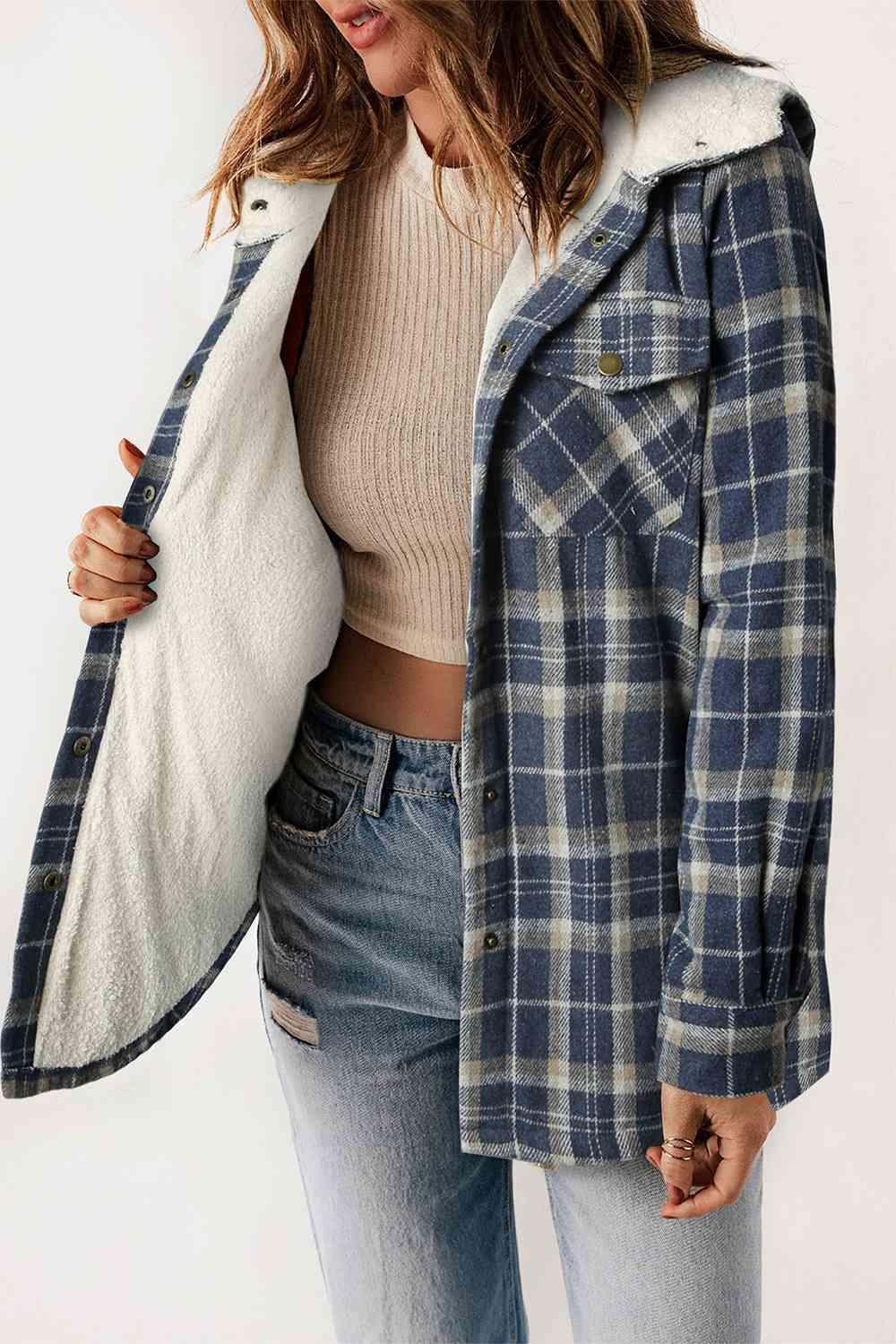 Kayla Plaid Snap Down Hooded Jacket - SwagglyLife Home & Fashion