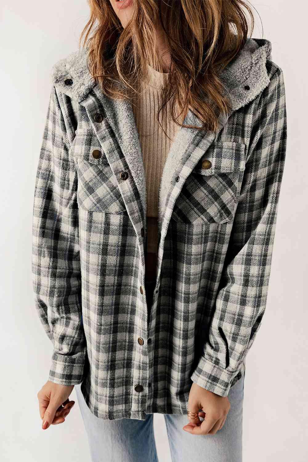 Kayla Plaid Snap Down Hooded Jacket - SwagglyLife Home & Fashion
