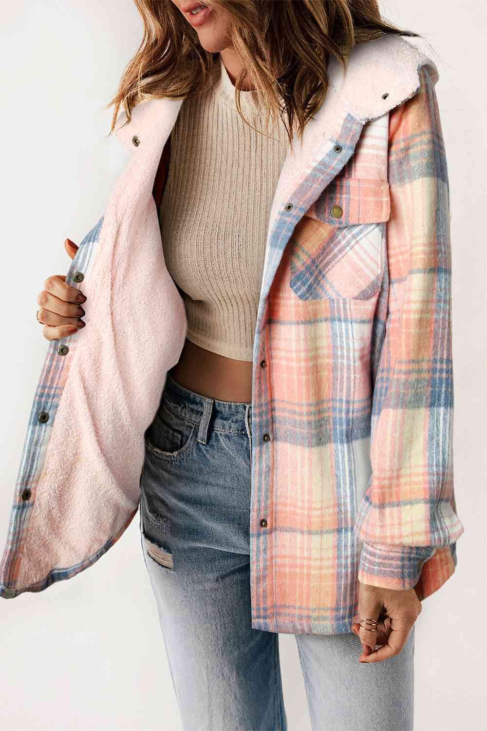 Kayla Plaid Snap Down Hooded Jacket - SwagglyLife Home & Fashion