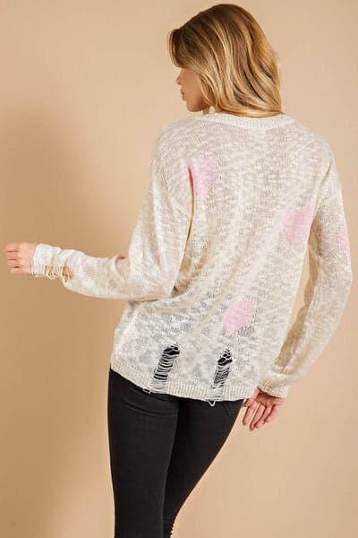 Kori America Heart Pattern Distressed Sweater - SwagglyLife Home & Fashion