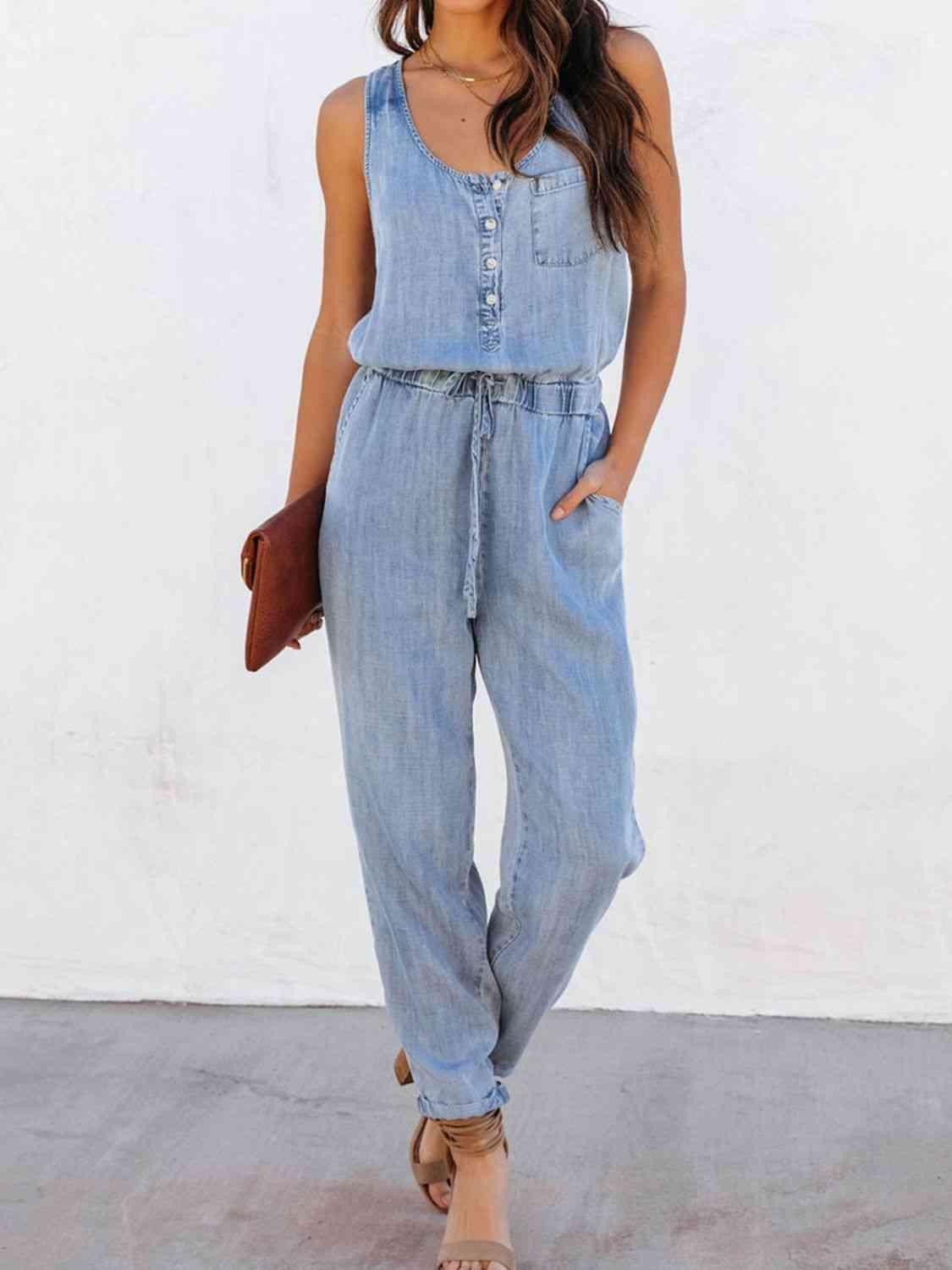 Lara Drawstring Waist Sleeveless Jumpsuit - SwagglyLife Home & Fashion