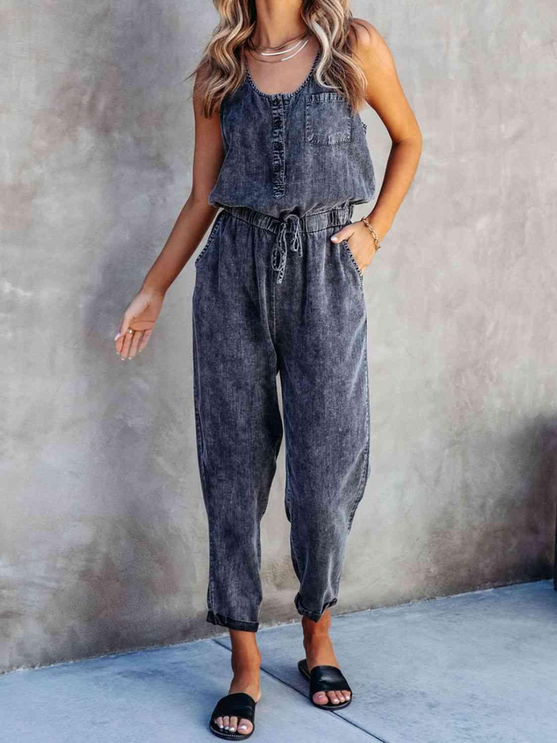 Lara Drawstring Waist Sleeveless Jumpsuit - SwagglyLife Home & Fashion