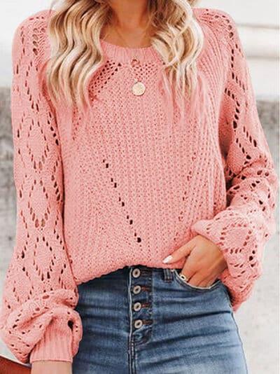 Laurie Openwork Round Neck Lantern Sleeve Sweater - SwagglyLife Home & Fashion