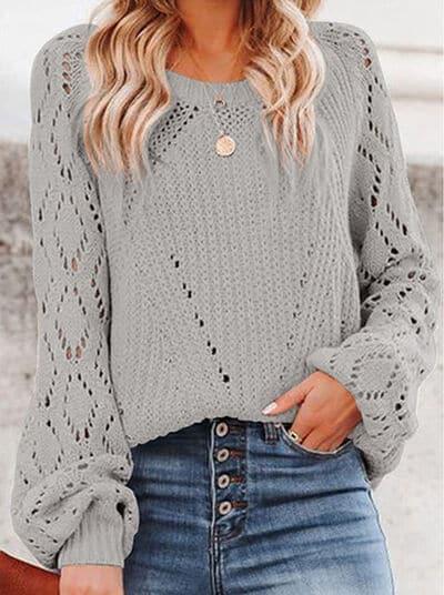 Laurie Openwork Round Neck Lantern Sleeve Sweater - SwagglyLife Home & Fashion
